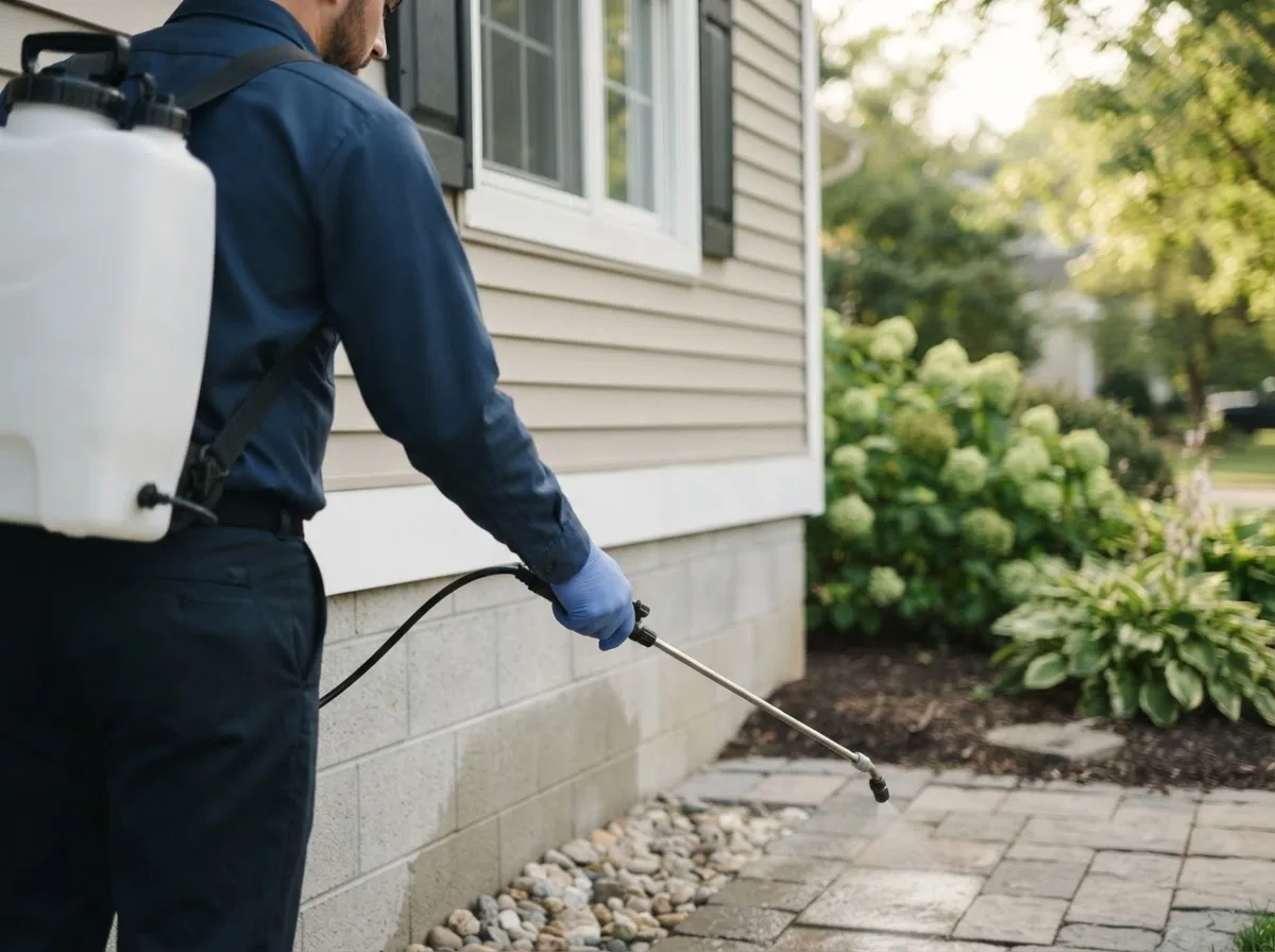 Pest control technician inspecting a home in Havensville, KS